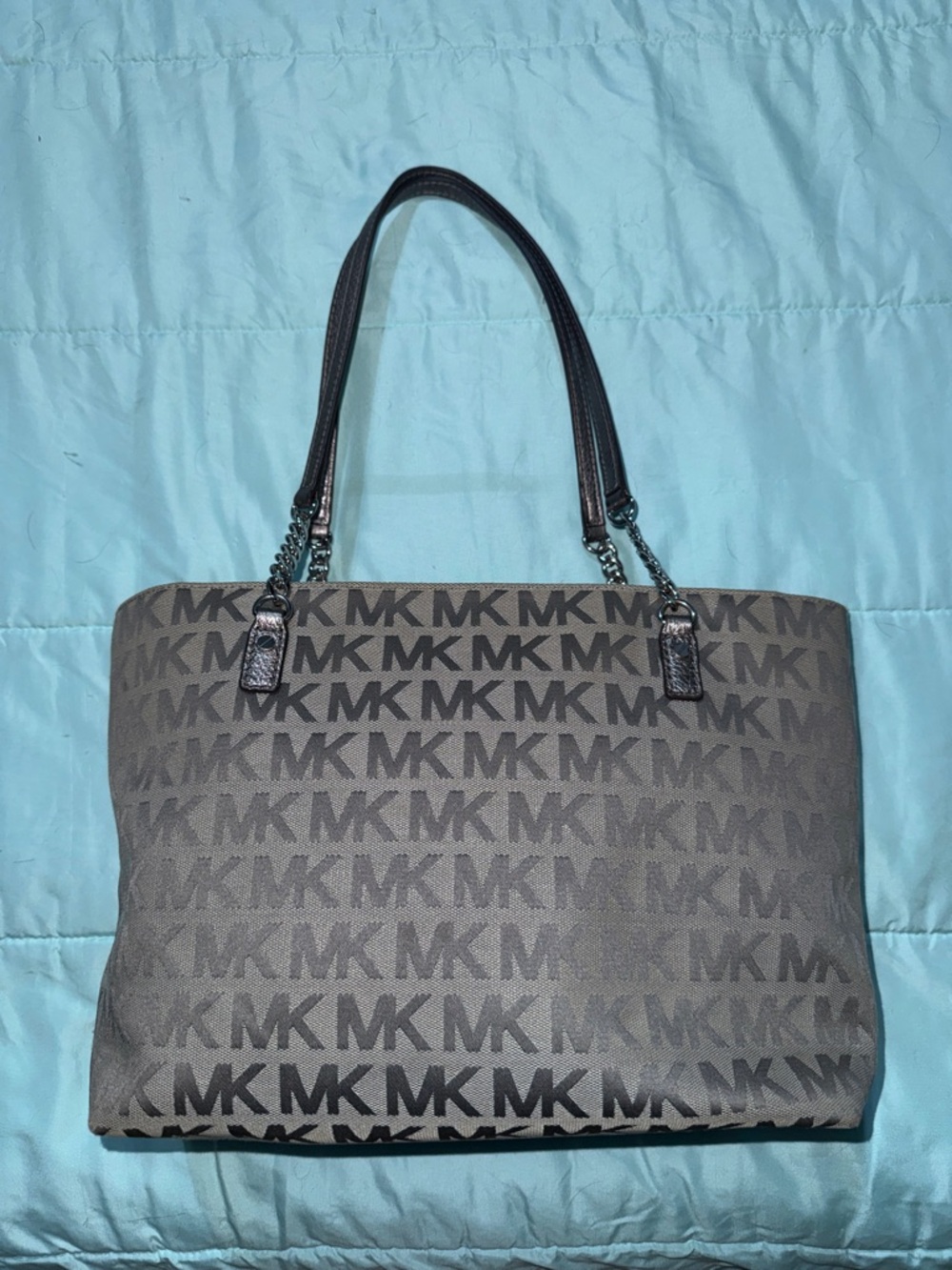 Michael Kors Gray MK Signature Tote with Dark Gray Handles